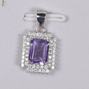 Natural Double Halo Emerald Cut Amethyst Pendant 925 Sterling